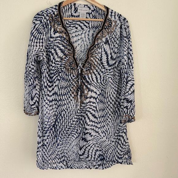 Soft Surroundings Shirt SZM Graphic Print Tunic Beaded V-neck Tie Front - Picture 3 of 10
